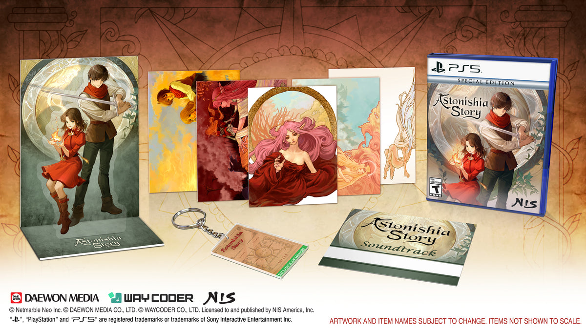 PS5 Steam Edition of NIS Studio's 'Aisthsia Story Original Scene Set 4' shown with multiple art cards, a black leather keychain, and a blue PS5 game case on a textured brown background.