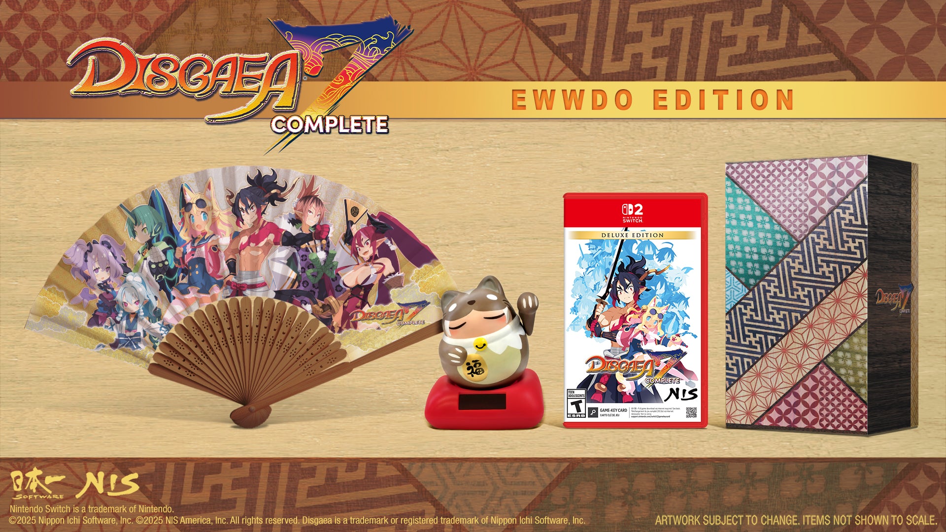 Disgaea 7 Complete EWWDO Edition packaging with game case, fan, figurine, and cards on a decorative background.