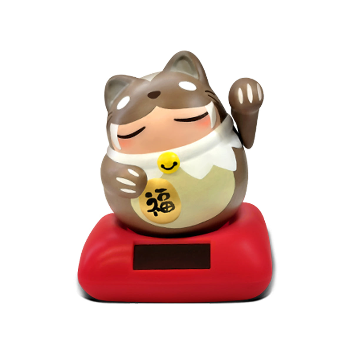 A cute cartoon cat figurine with one raised paw, sitting on a red rectangular base. The cat is brown and cream with a gold belly ornament featuring a black Chinese character for good fortune, and a small black rectangular panel on the front of the base.