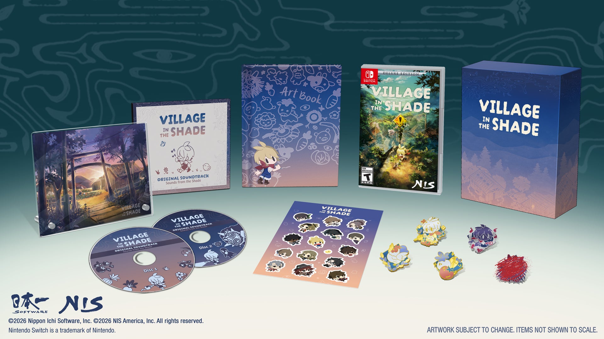 Nintendo Switch game box set and included items for Village in the Shade, shown on a stylized teal-to-white gradient background. The set includes the game case, a book, a box, two discs, a sticker sheet, and several small character figures.