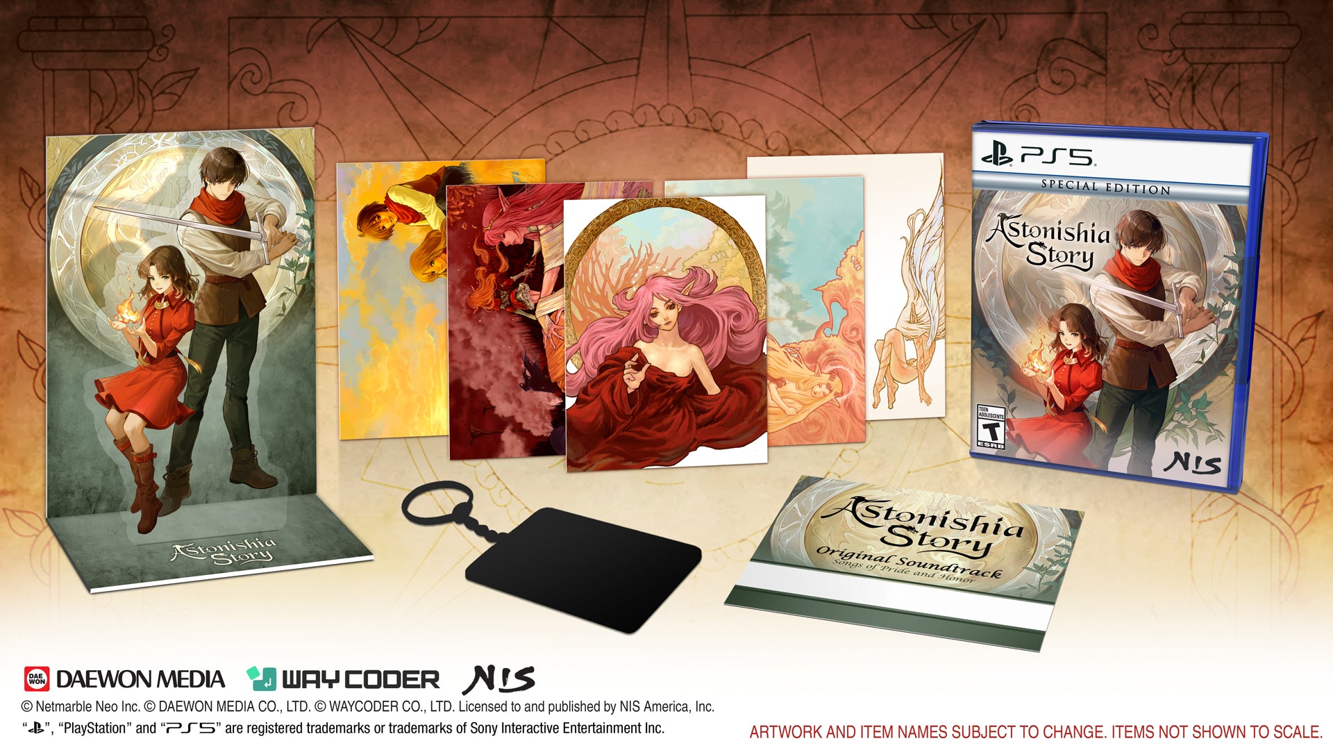 PS5 Steam Edition of NIS Studio's 'Aisthsia Story Original Scene Set 4' shown with multiple art cards, a black leather keychain, and a blue PS5 game case on a textured brown background.