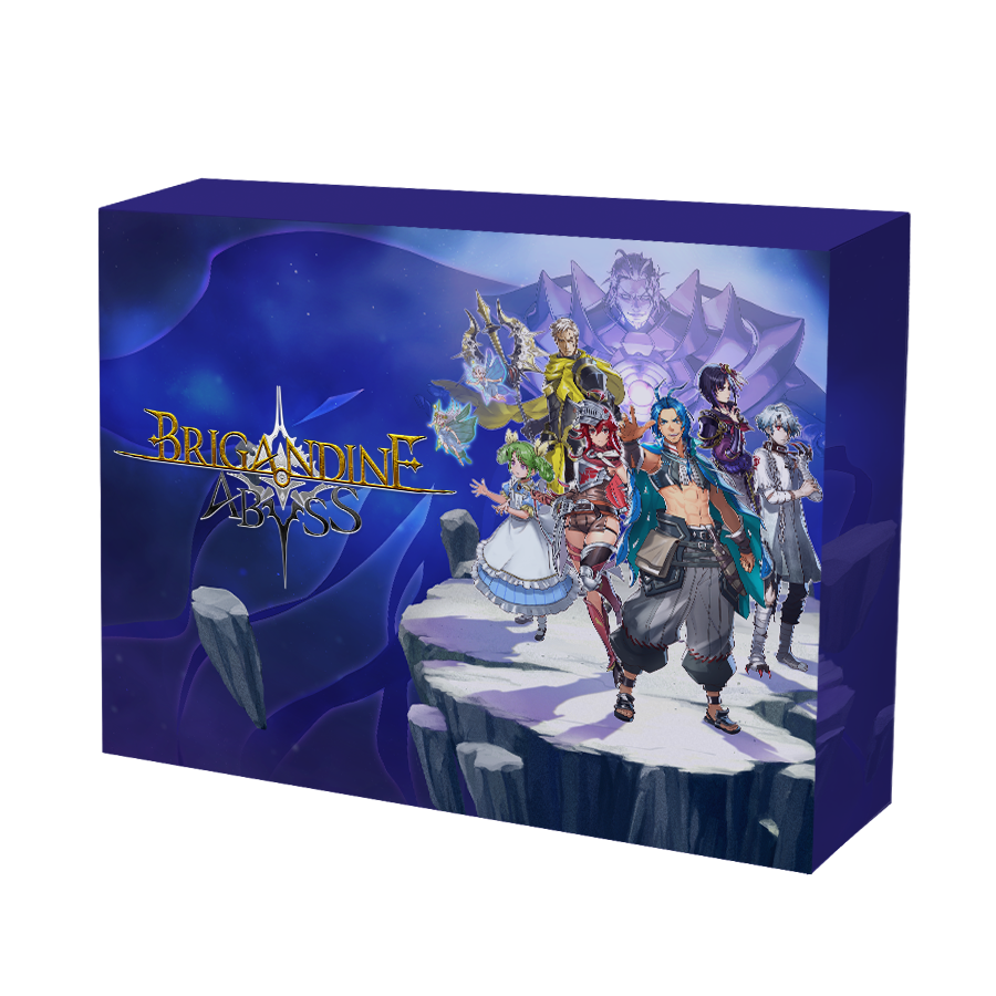 Product packaging for 'Brigandine Abyss' with animated characters on a blue background