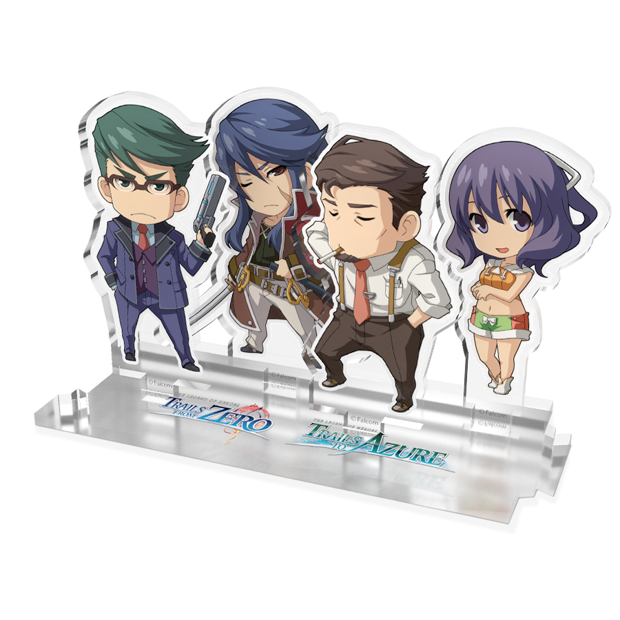 Four animated characters on a clear stand with 'Travis Zero' and 'Travis Azure' branding.
