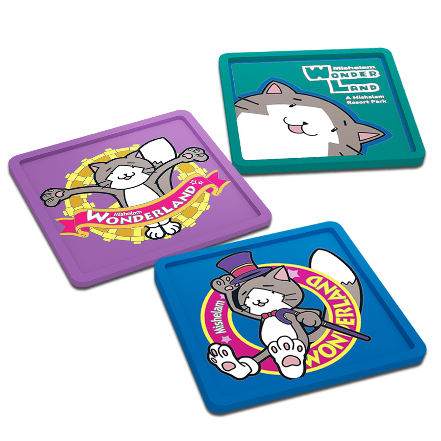 Three colorful trays with cartoon cat designs and text on a white background