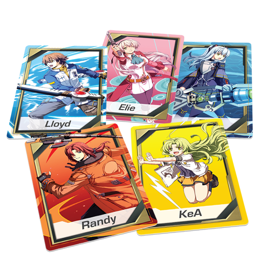 Four colorful trading cards featuring animated characters with names below each card.