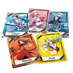 Four colorful trading cards featuring animated characters with names below each card.