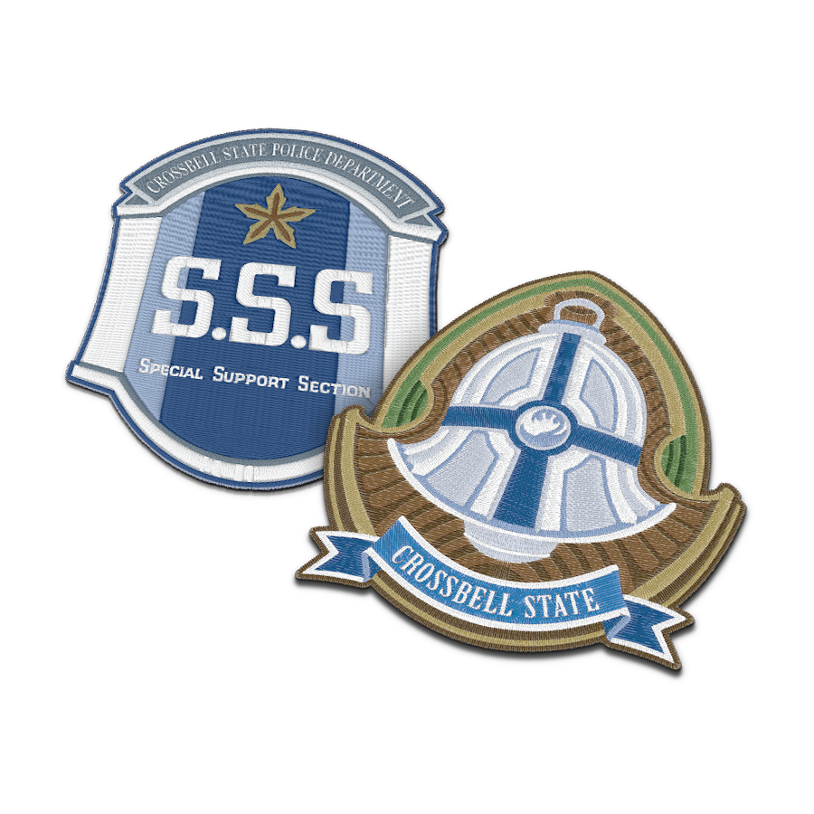 Two patches with 'S.S.S.' and 'Crossbell State' text on a white background
