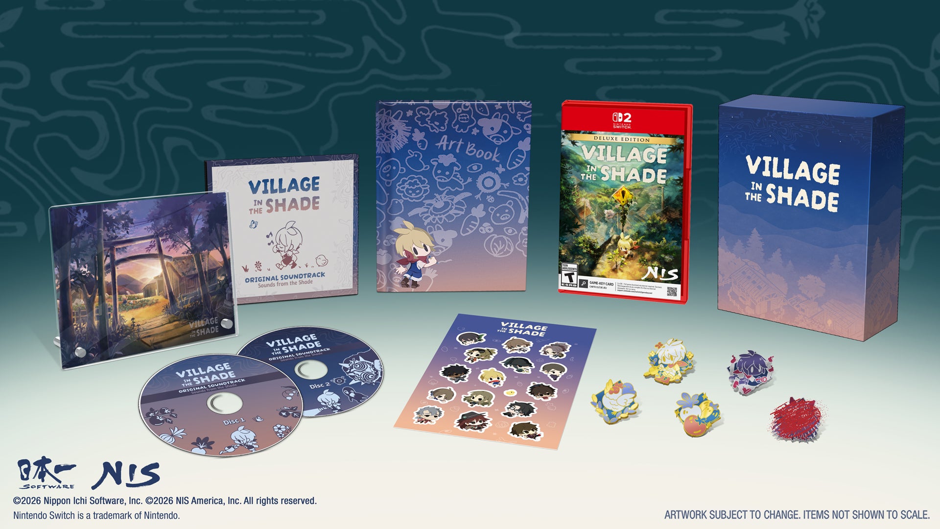 Nintendo Switch 2 game box set for 'Village in the Shade' displayed on a stylized teal background. The set includes the blue game box, a smaller art book, a game case, two discs, a sticker sheet, and several small character figurines.