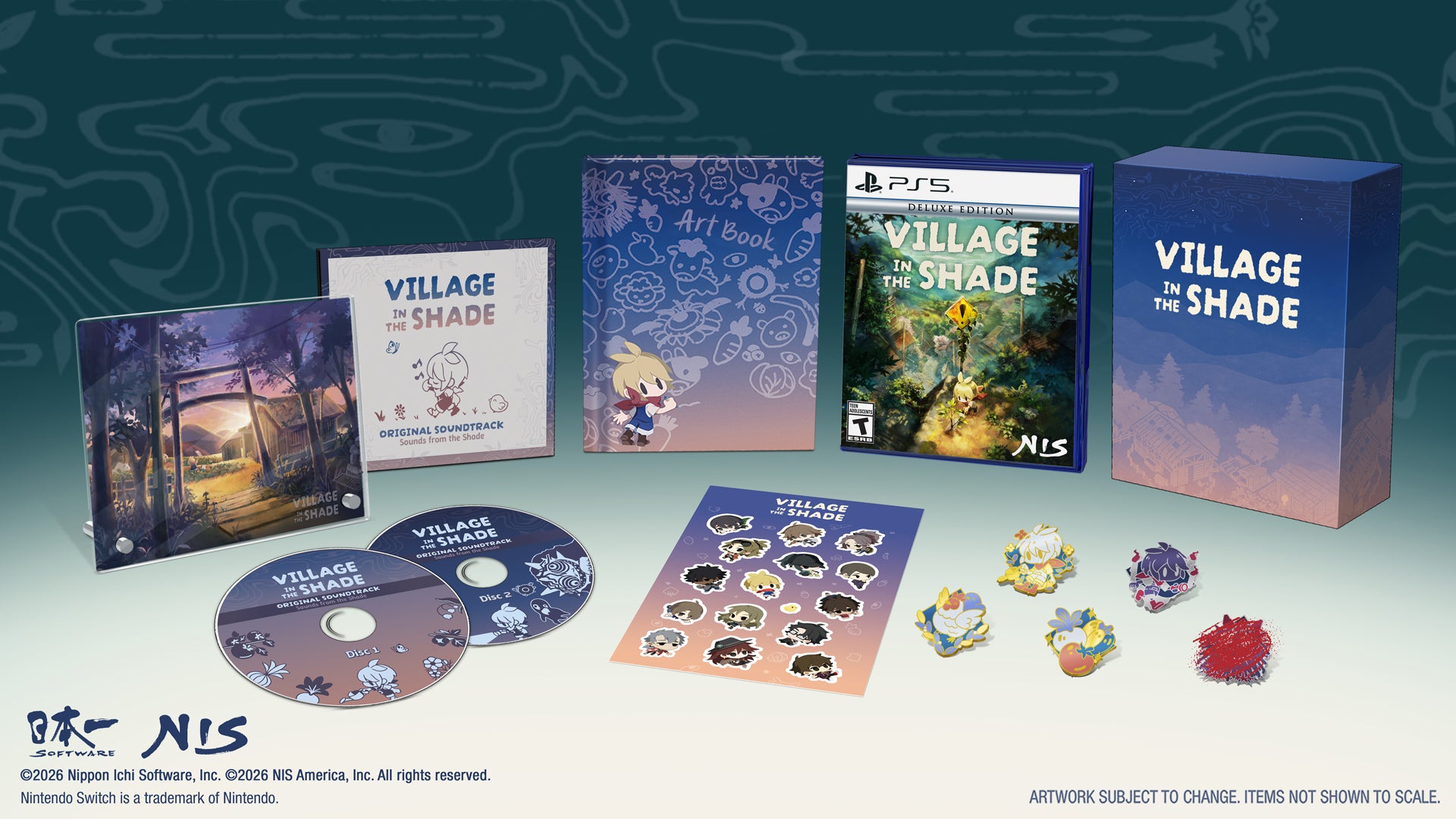 NIS Village in the Shade PS5 game box set and included items displayed on a dark teal chalkboard-style background. Visible items include the PS5 game case, a smaller art book, a box, two game discs, a sticker sheet, and several small character figurines.
